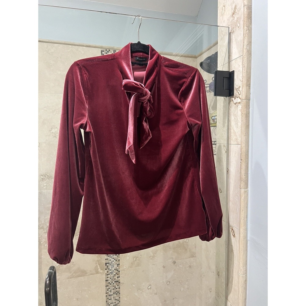 Talbots Womens Rose Red Velvet Long Sleeve Tie Neck Pussybow Blouse Top S